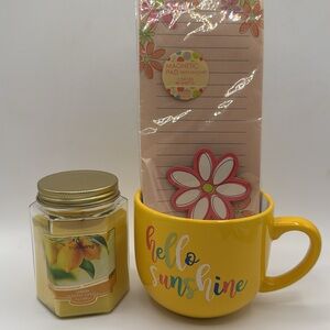 Hello Sunshine MUG,Candle Trueliving Lemon scented AND Magnetic notepad NEW